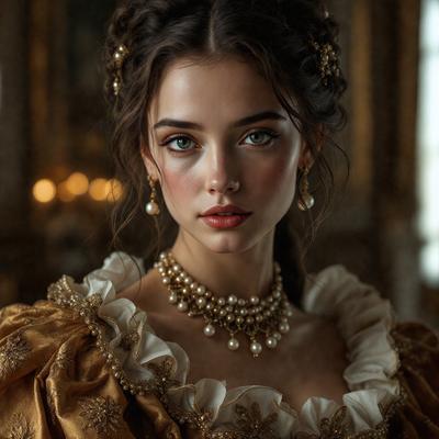 The primary subject of the image is a woman wearing a yellow dress and a pearl necklace. She is posing for the camera, and her eyes are looking directly at the viewer. The setting is a room with a mirror, and the visual style appears to be a digital art or illustration. The colors in the image are predominantly yellow and white, creating a warm and elegant atmosphere.